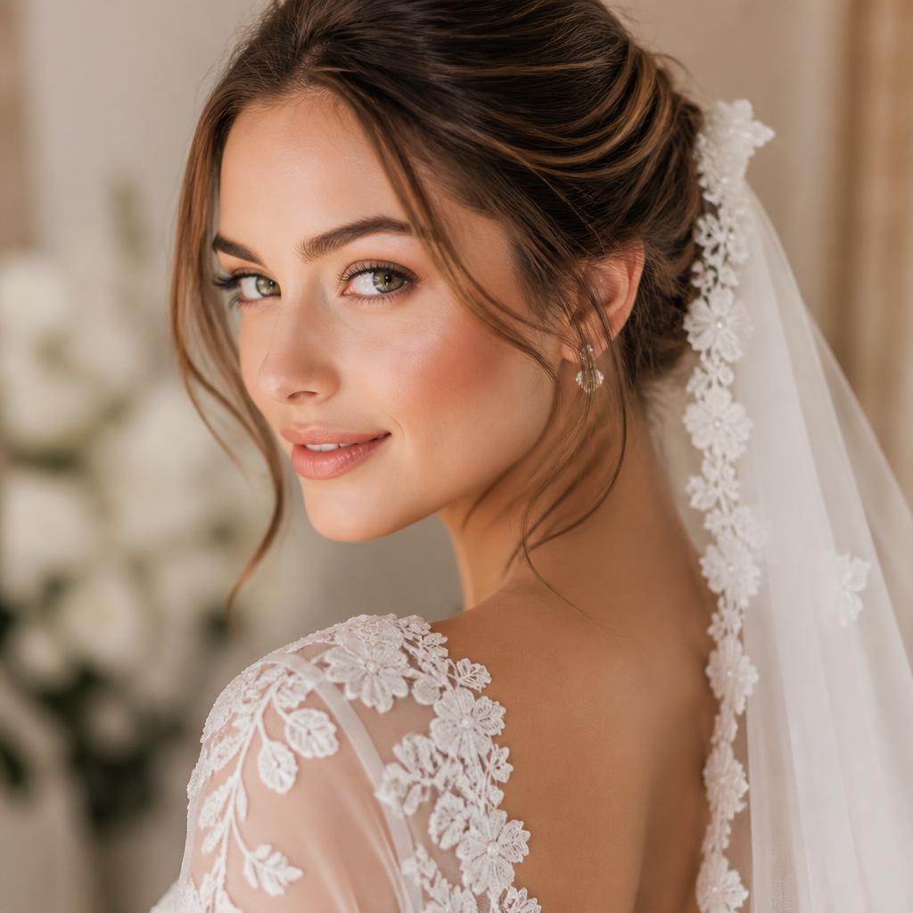 Bride with soft natural bridal makeup and a lace veil