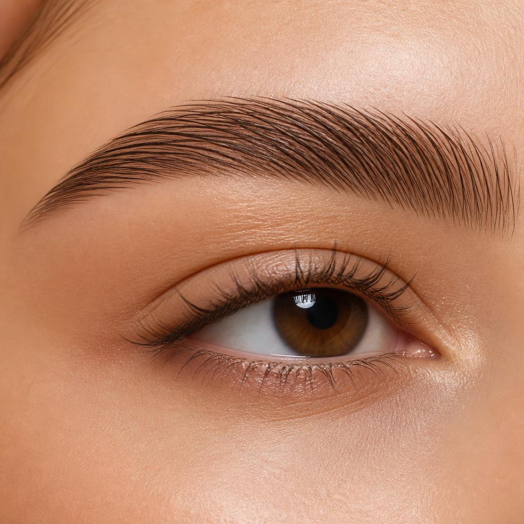 Close-up of a groomed eyebrow with natural hair-stroke definition