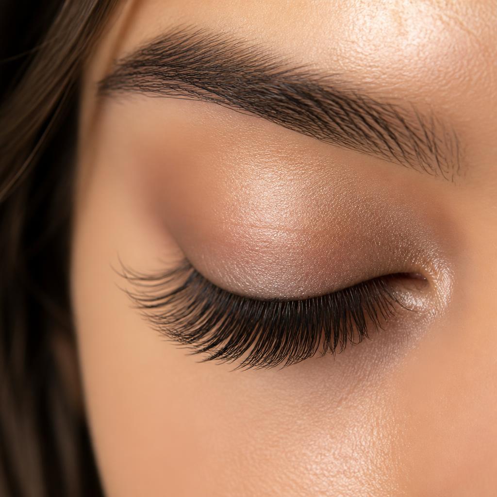 Close-up of a closed eye with lifted, softly defined lashes