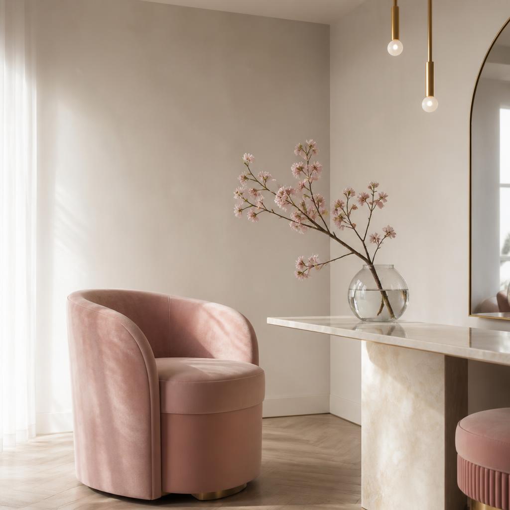 Cherry PMU studio detail with blush seating and cherry blossom branch
